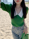 Fongt Retro Bubble Sleeve Knitted T-Shirt Women Design Small Short Top Summer New Ice T-Shirt