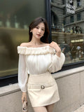 Fongt Xixi 2025 Autumn White Standard French Temperament Cloud Out-Shoulder Design Chiffon Long Sleeve Top 89488