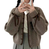 Fongt Retro Simple Temperament Knit Cardigan Female Sleeve Lace Spell Color Edge Single Breasted Soft Waxy Long Sleeve Jacket-Outfit