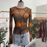 Sunset Sun Dyed Elastic Mesh Yarn T-Shirt Stacked With Long-Sleeved Top Press Line T-Shirt