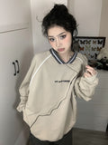 Print V Neck Patchwork Sweatshirt-Outfit