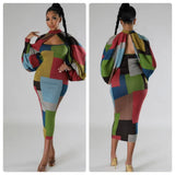 Fongt New Fashion Splicing Color Print Long-Sleeved Large-Size