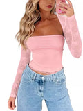 Women's New Sexy Perspective Lace Dress Two Sets Of Long-Sleeved Top T-Shirt Two