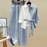 Fongt Plus Size Women's Spring Set Women's Fake Two Shirts Skinny Jeans Two-Piece