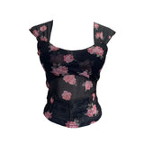 Fang Collar Broken Flower Mesh Flying Sleeve With Breast Pad Sling Vest Short Umbilly Sleeveless Top Lady