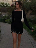 Long Sleeve Knit Ruffled Trim Mini Dress-Outfit