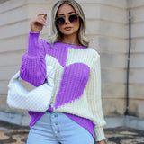 Women Heart Print Sweaters Hollow Out Design See Through O-Neck Long Lantern Sleeve Spring Autumn Casual Loose Knitted
