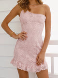 Fongt 2025 New French Dress Women Sweet Style Design Double Lace Spliced Slanted Shoulder Strap