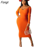 Women Solid Knitted Midi Dress Autumn Winter Sexy V Neck Off Shoulder Long Sleeve Slim Bodycon Casual Dresses Rib