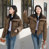 Thicken Parkas Slim Short Jackets Women Korean Warm Plush Lapel Coats Casual Down Cotton Oversized Pink Crop