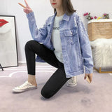 Fongt 2024 New Women's Korean Version Students Loose Thin Large Size Nail Bead Hole Jeans Denim Coat Tide-Outfit