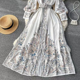 Fongt And Autumn New Holiday Wind Collar Lantern Sleeve Print Together With A Female Waist Swing A Word Over The Knee Long Skirt