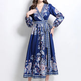 Fongt Court Retro Cross V Tie With Belt Lantern Sleeve Print Big Pendted Dress Woman 2025 Spring