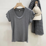 Version Simple Solid Color Threaded U-Collar Short-Sleeved T-Shirt Women Summer New Style Slim Look Thin Pure Desire Hot Girl Blouse Girl-Outfit