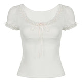 Sweet White T-shirt Fairycore Puff Sleeve Square Collar Crop Top Women Summer Casual Cute Lace Patchwork Shirts y2k Retro-Outfit