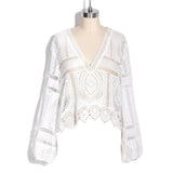 lace hollow women ’s blouse 2020 spring summer deep V sexy long-sleeved top elegant female vacation see-through top