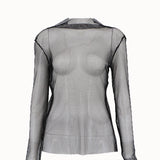Fongt Women's Wear Spring / Summer 2024 New Top Solid Color Round Collar Long Sleeve Mesh Perspective Bottom T-Shirt-Outfit