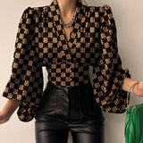 Fongt Explosion Spring New Temperament Button V-Neck Lantern Sleeve