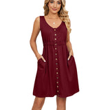/ Summer 2023 Solid Color Sleeveless Button Pocket Round Collar Slit Closed Waist Dress-Outfit
