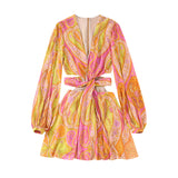 New Hollowed-Out Design Printed Long-Sleeved Dress 7631044-Outfit