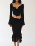 Women Y2K Ruffles 2 Pieces Skirts Sets Off Shoulder Sheer Mesh Shirts Tops Irregular Hem Split Skirts Streetwear 2023-Outfit