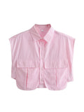 Fongt Color Y2K Women's Big Pocket Splicing Irregular Cardigan Polo Collar Shirt Top A19683