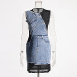 Trend-Collyed Denim Dress 2025 Summer New Mesh Spliced Sleeveless Round Collar Short Fashion Dress