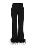 Fongt Luxury Wind Ostrich Hair Splicing Straight Pants 2024 Spring Style High Waist Foreign Style Versatile Show Thin Casual Jeans Tide-Outfit