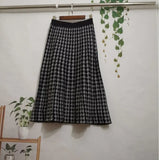New Autumn And Winter vintage Stretch High Waisted Midi Pleated Houndstooth Printed Knitted Skirt For Women Runway