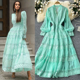 Fongt Retro V-Neck Lace To Receive Waist Long Sleeve Dress Female Thin High Sense Elegant Long Dress
