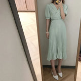 Women Elegant Waist Belt Solid Ankle-Length Dress Office Lady Puff Sleeve Pleated Dress 2021