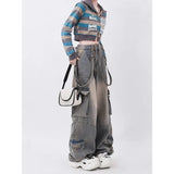 Fongt Women Autumn Dopamine Wearing Retro Work Pants To Make Old Pocket Design Straight Trousers