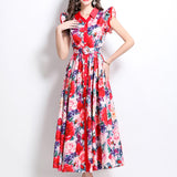 Fongt Printing Lotus Leaf Cuff Clenbuter Single Buckle Waist Swing Dress Female Thin Temperament Elegant Dress