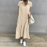 Elegant Summer Long Shirt Dress Women Lapel Neck Short Sleeve Solid Loose Work Sundress Robe Femme Maxi