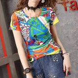 Retro Fashion Letter Floral Printed Pullovers Summer New Short Sleeve Female Clothing Casual O-Neck High Street T-shirt-Outfit