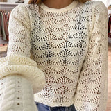 Women Hollow Out See Through Knitted Top Sexy Loose Lantern Sleeve Solid Sweater Casaul Femme Streetwear Pullover