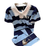 Women Blue Short Sleeve Split T-shirt Dress 2023 Summer Loose Mid-length Over-knee Stripe Splicing Lace Neck One Piece