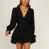 Fongt New Spring And Autumn V-Neck Long Sleeve Bubble Sleeves Pure Color With Lotus Leaf Side