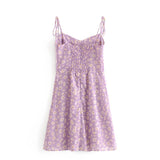 New Summer French Romantic Daisy Printed Sexy Lace Mini Purple Suspender Dress-Outfit