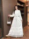Fongt Retro Elegant Lace Splicing Strap To The Waist Lantern Sleeve Dress Female Thin Temperament Court Style Dress