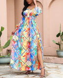 Fongt New Evening Dress Print Dress V Collar Retro Long Sleeves Open Fork