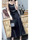 Summer New High-Grade Silk Surface Acetic Acid Temperament Long Suspender Dress V-Collar Pleated Gas Skirt-Outfit