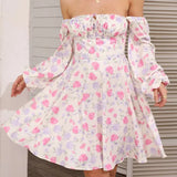 Floral Dress Women Lantern Long Sleeve Ruched Print A Line Square Neck Tie up Mini Vestidos Sexy Chic Summer Beach