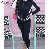 Patchwork Zip Casual Sporty 2 Piece Set Women Long Sleeve O Neck Slim Pleated Two Piece Outfits