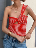 Knitted Stripe One Shoulder Tank Top-Outfit