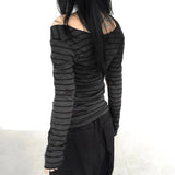 Striped Shoulder Long-Sleeved Blouse With A Lazy Wind And A Light Smock To Cover The Meat Shows A Thin T-Shirt.-Outfit