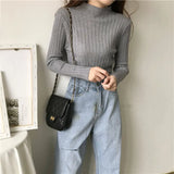 Fongt Winter Half-High Sweater Women Long Sleeve Pure Color Spring And Autumn Pit Stripe Loose Knitted Bottom