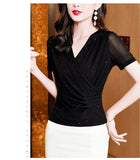 Mesh Tshirt Women Summer Short Sleeve Crossed V Neck T Shirts Lady Elegant High Stretchy Tops Tees For Female-Outfit