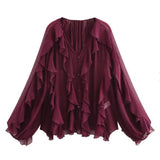 Fongt New Women's Fashion Cascade Decoration Fashion Chiffon V-Neck Long-Sleeved Shirt