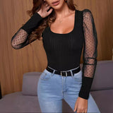 Fongt Women's Wear 2024 Summer New U Collar Mesh Sleeve Splicing Pure Color Versatile Show Thin Temperament T-Shirt Women's Top-Outfit
